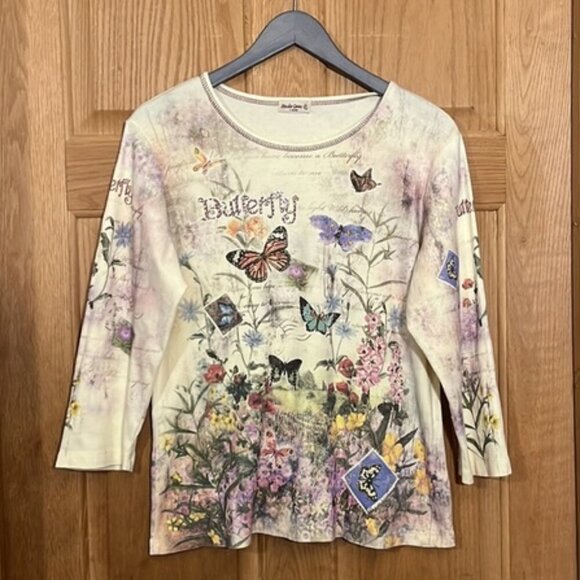 Studio Gem Yellow Floral Butterfly Embellished 3/4 Sleeve Crewneck T-Shirt XL - Picture 1 of 7
